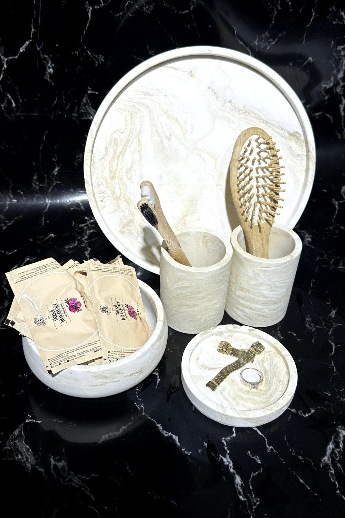 Beige Marble Pattern Concrete Bathroom Set Organizer Toothbrush Holder - Swordslife