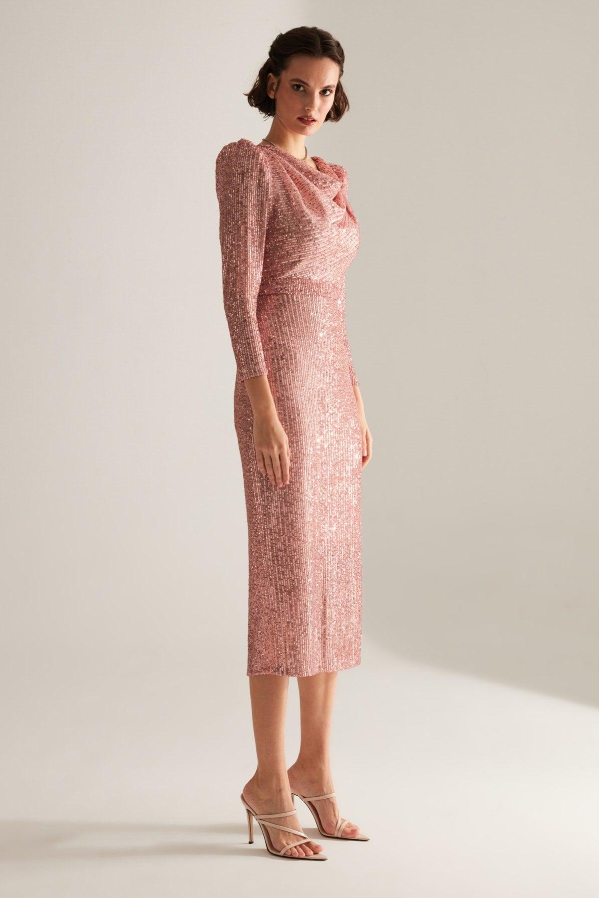 Degajee Collar Pencil Skirt Pink Glitter Sequin Engagement Dress - Swordslife