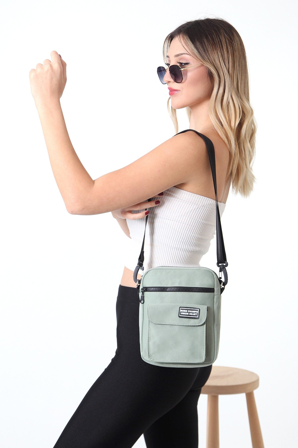 Green U2 3-Section Cross Adjustable Strap Canvas Fabric Unisex Shoulder Bag B:22 E:17 W:7