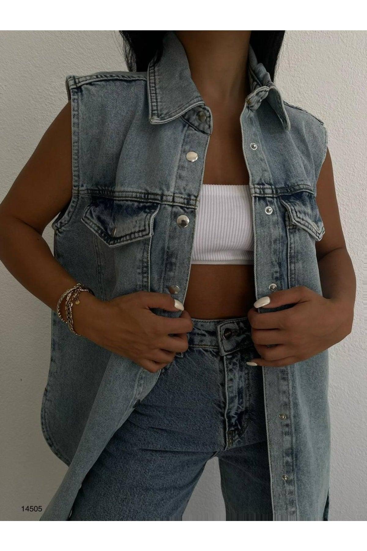 Blue Shirt Collar Pocket Detailed 100% Cotton Denim Vest Jacket Ladies-women - Swordslife