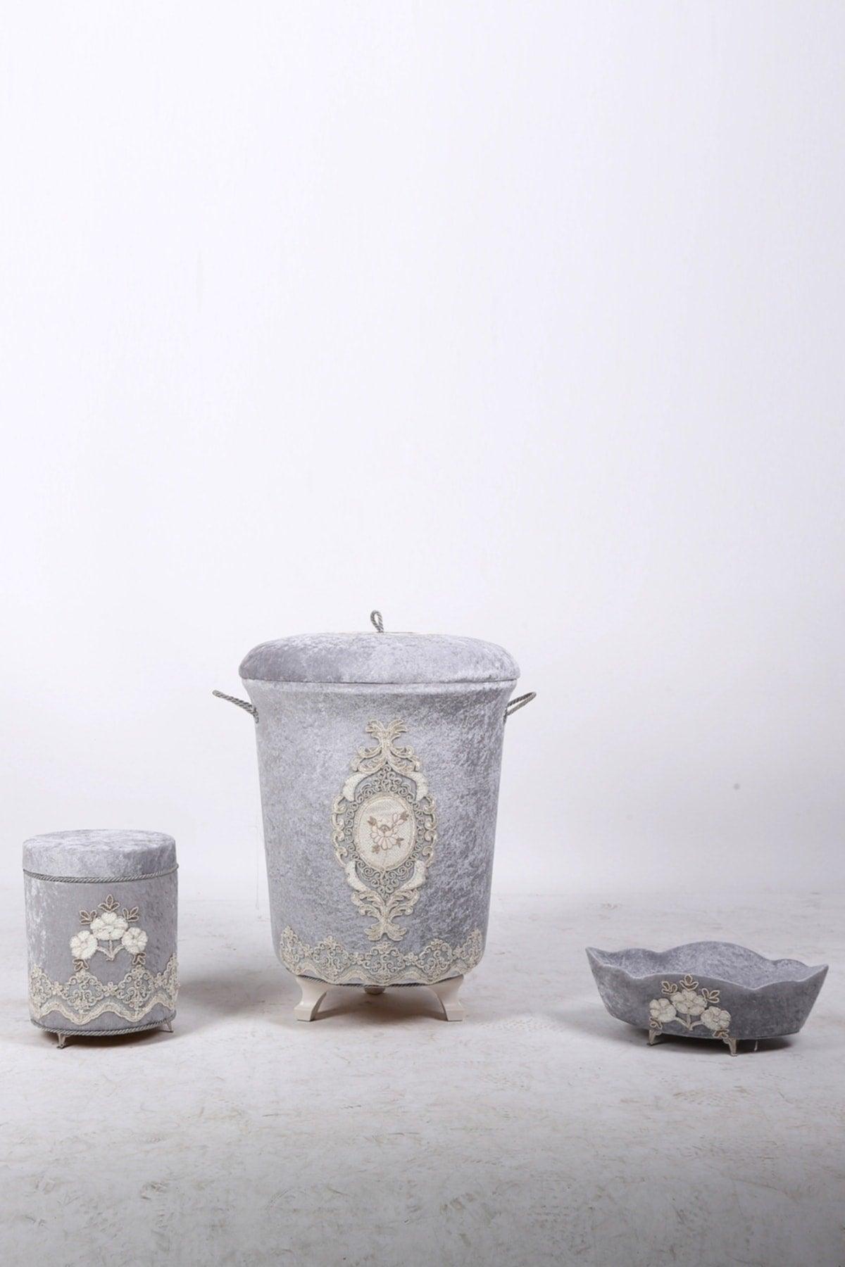 Lisa Gray 3 Pcs Velvet Dowry Lacy Bathroom Dirty Laundry Basket Set | Bathroom Set - Swordslife