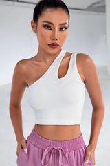 Women's White One Shoulder Cut Out Detailed Elegant Crop Top Blouse - Swordslife