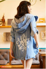 Women's Blue Embossed Printed Slim Hooded Loose Back Long Jacket - Swordslife