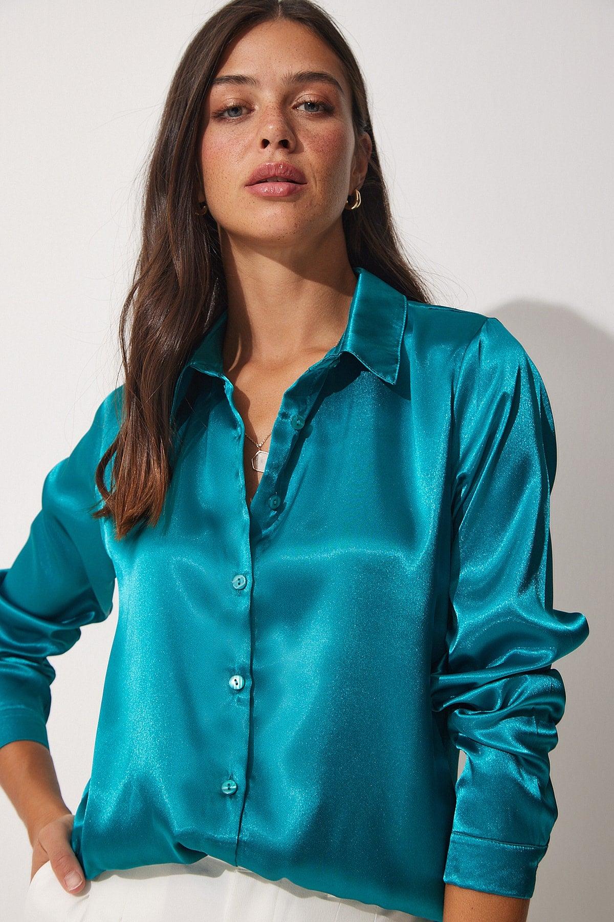 Women's Petrol Blue Light Flowy Satin Top Shirt DD00990 - Swordslife