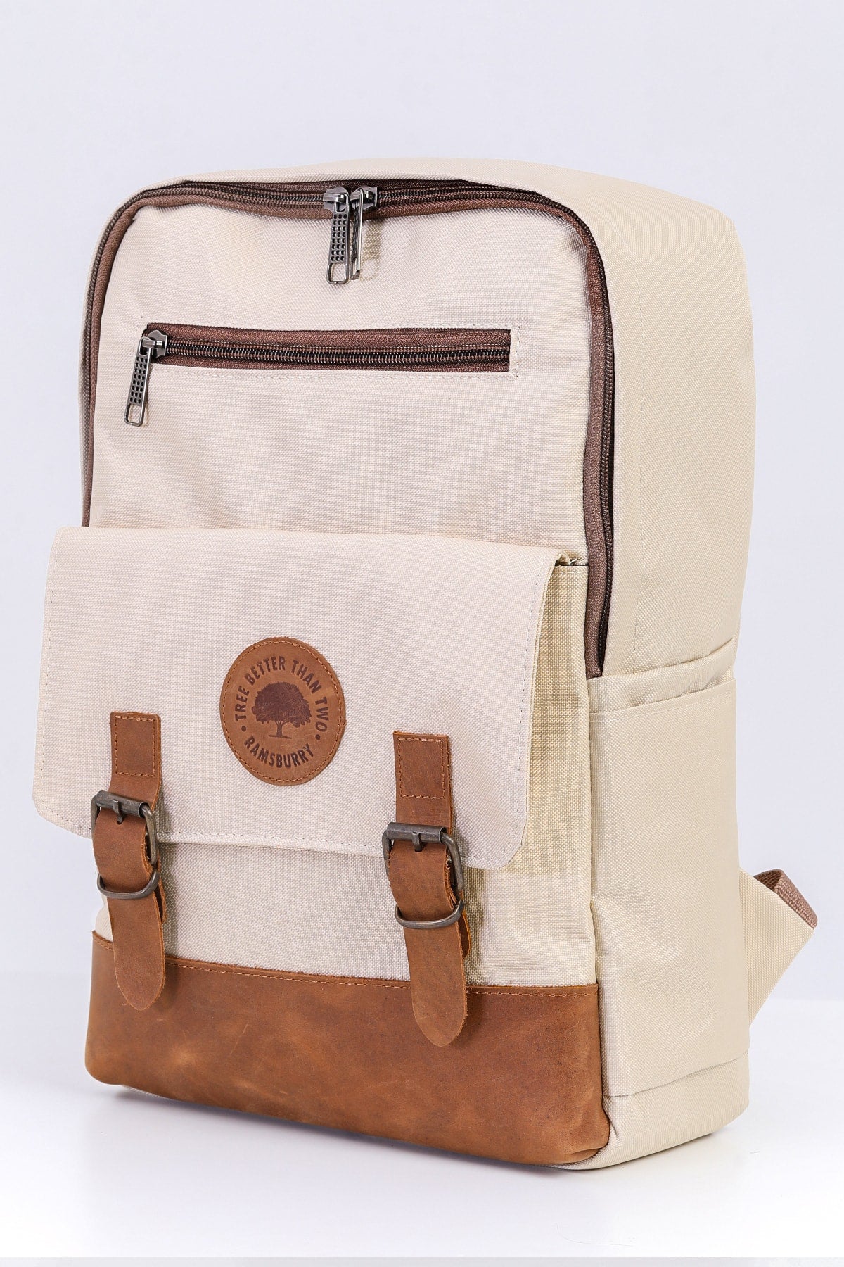 Unisex Cream 100% Genuine Leather Detailed Waterproof 15.6 Inch Multi-Compartment Backpack with Laptop Compartment