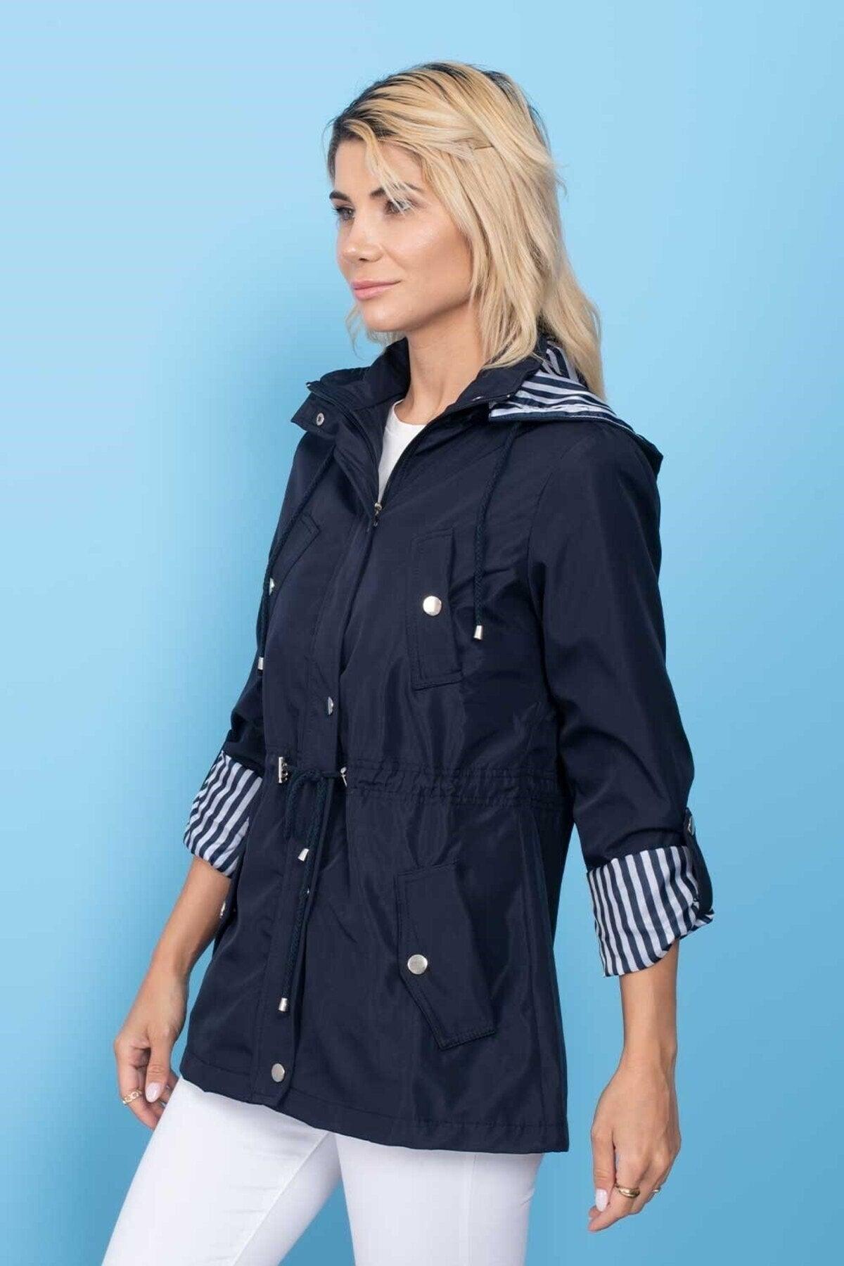 Women's Navy Blue Hooded Seasonal Coat - Swordslife