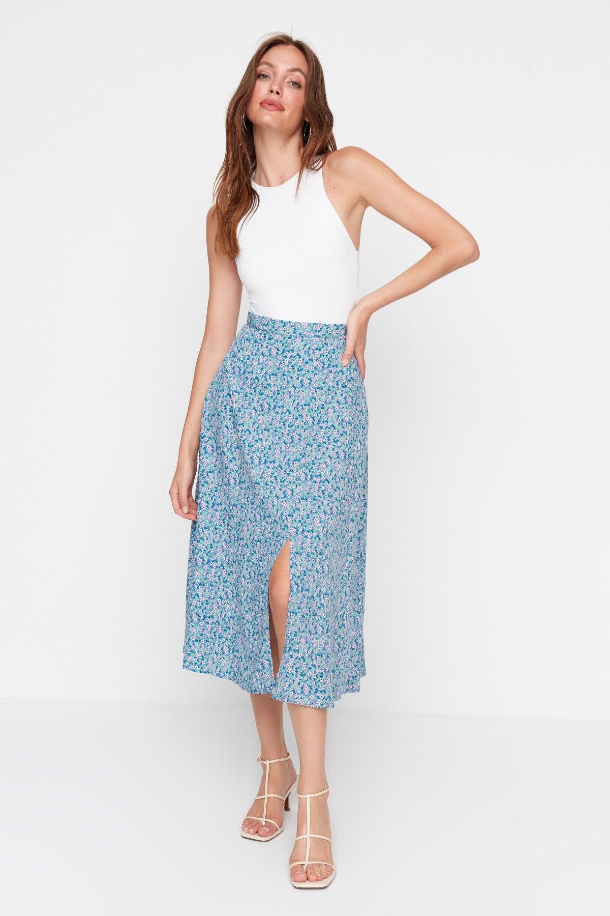 Blue Midi Woven Slit Detailed Viscose Fabric Floral Patterned Skirt TWOSS20ET0230 - Swordslife