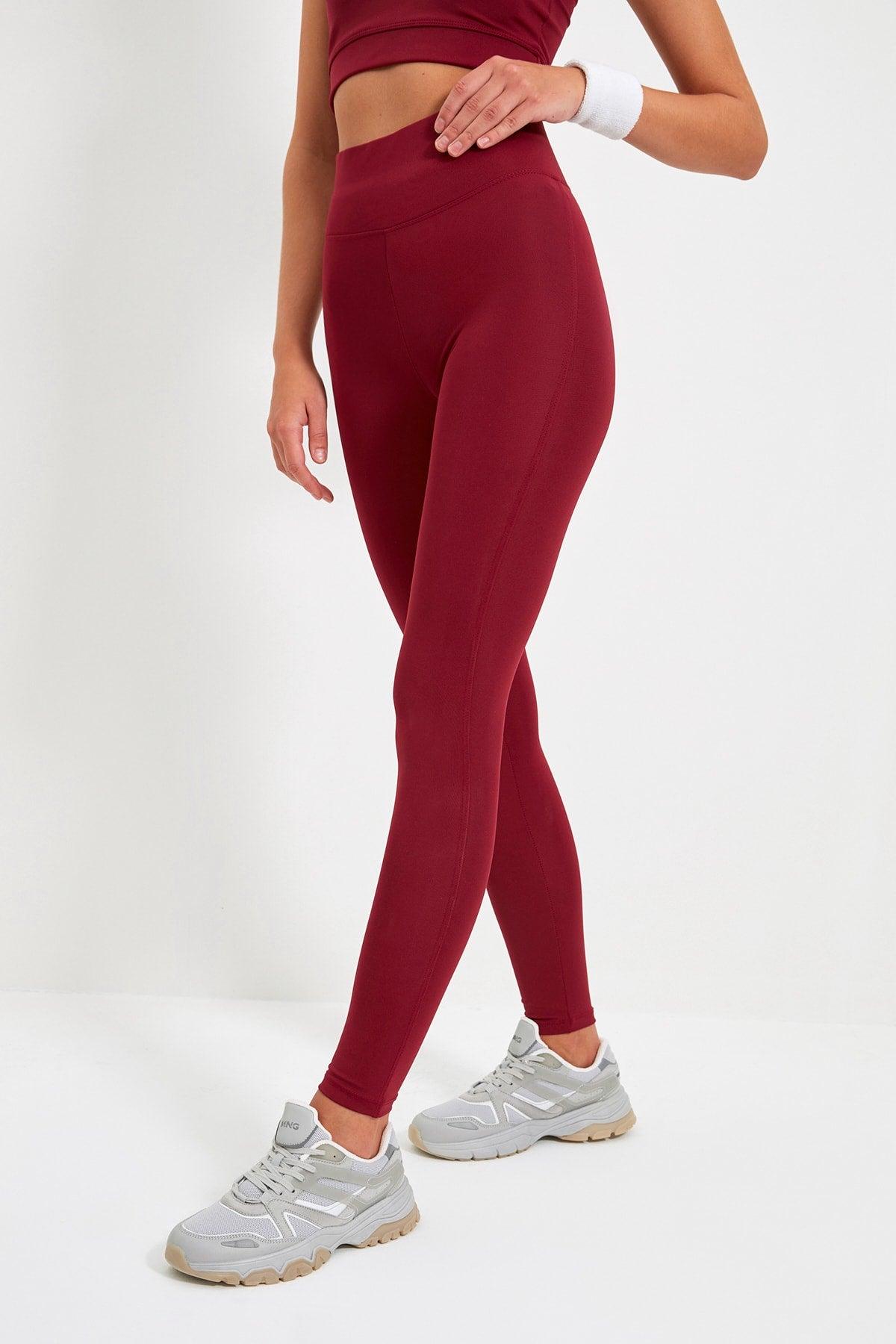 Claret Red Full Length Sports Leggings TWOAW21TA0029 - Swordslife