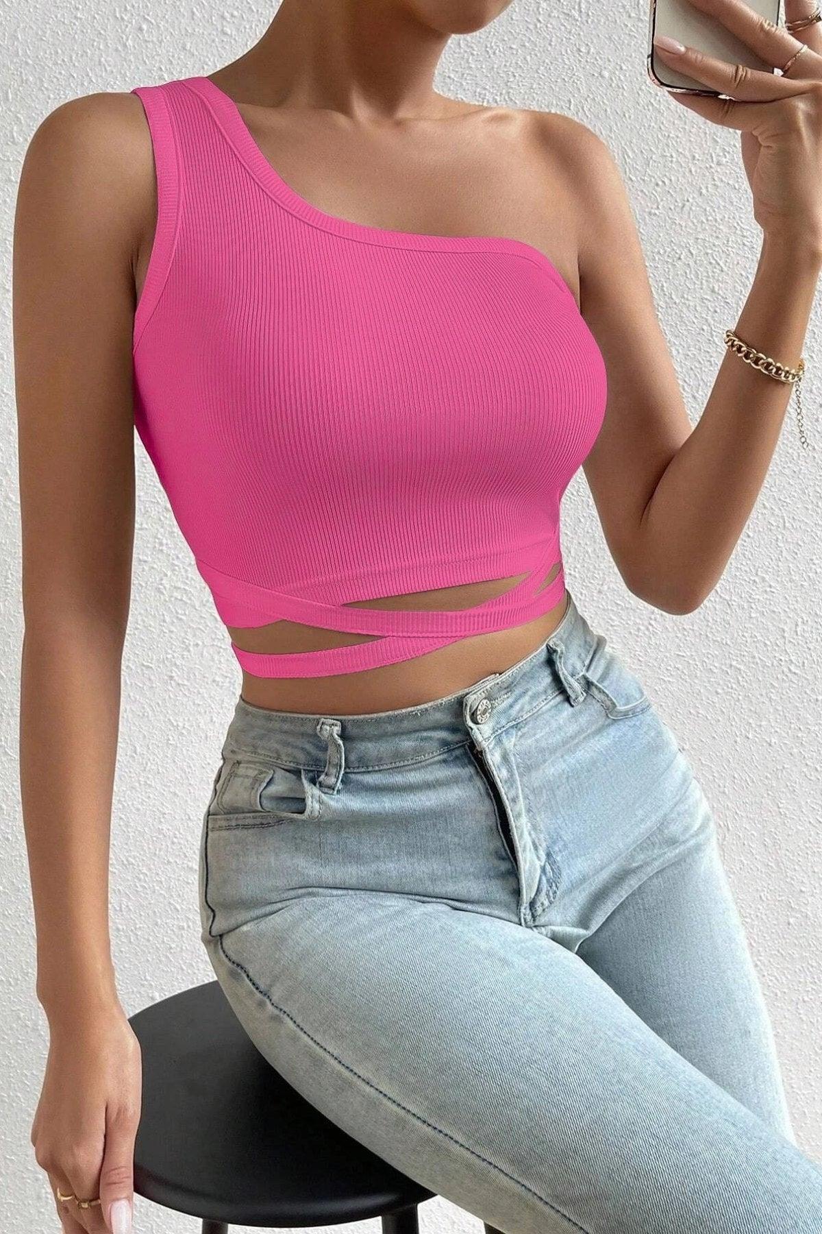 Women's Fuchsia One-Shoulder Tie Back Crop Top Blouse - Swordslife