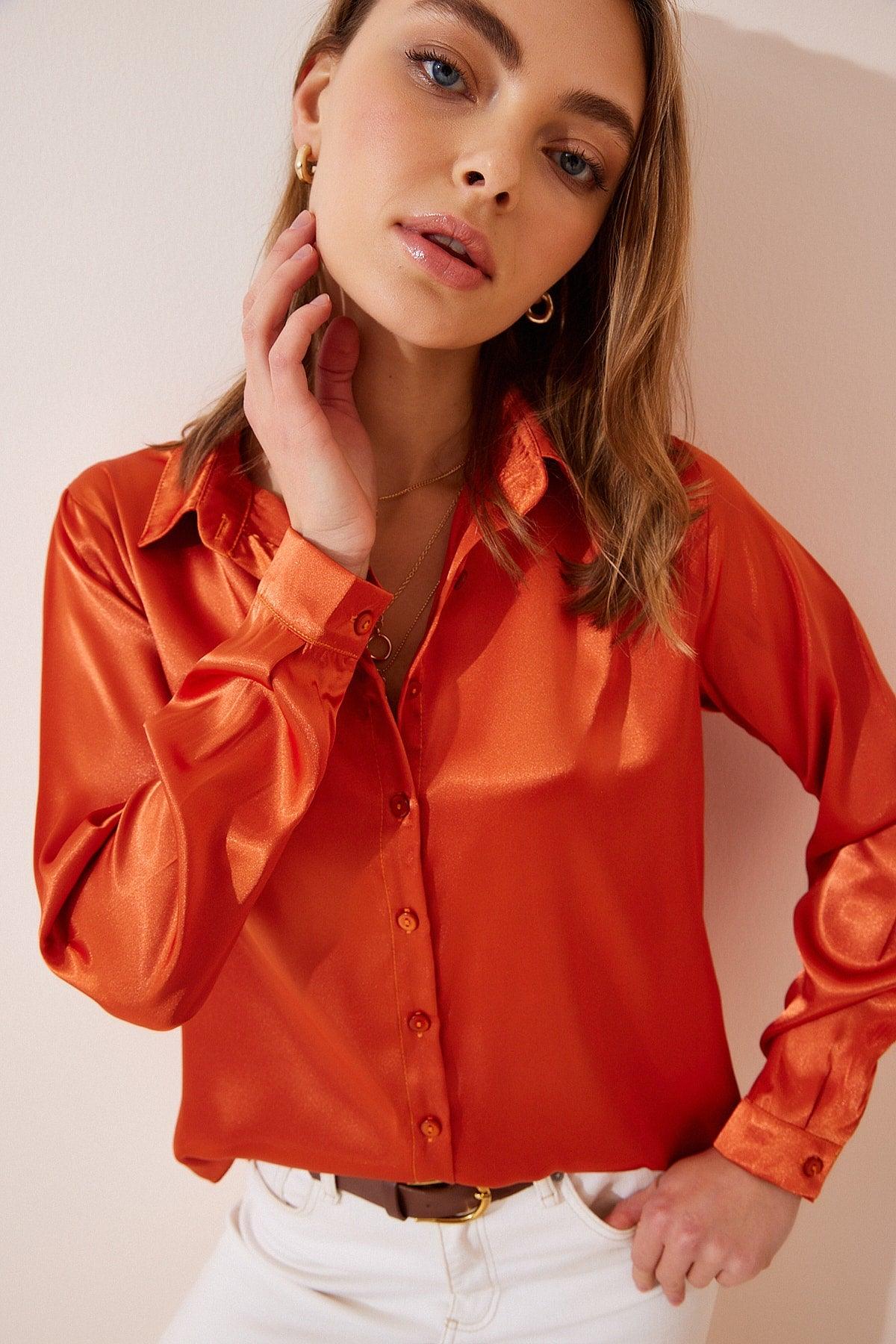 Women's Orange Lightly Flowy Satin Shirt DD00990 - Swordslife