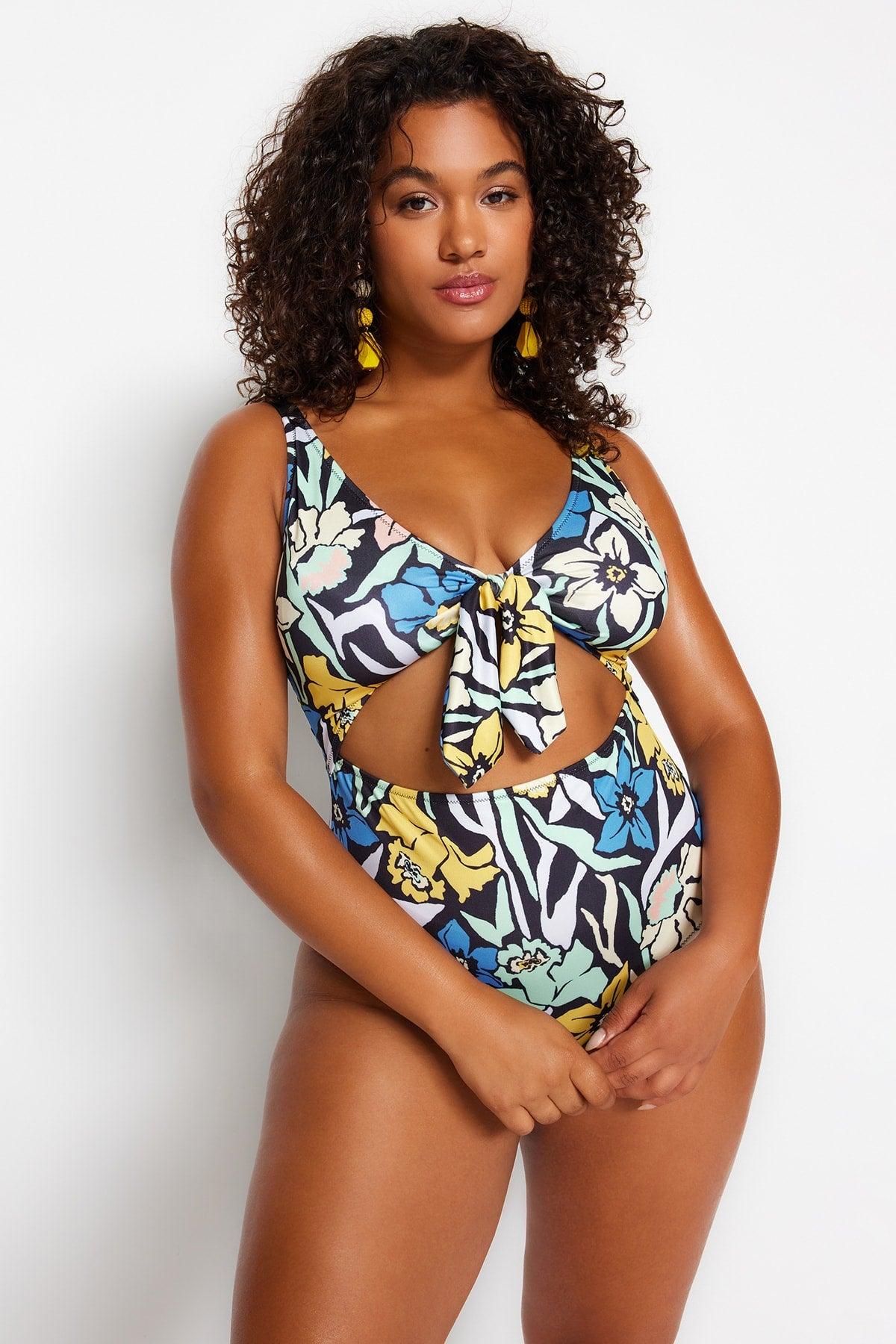 Multicolor Floral Patterned Tie Detailed Swimsuit TBBSS23AM00008 - Swordslife