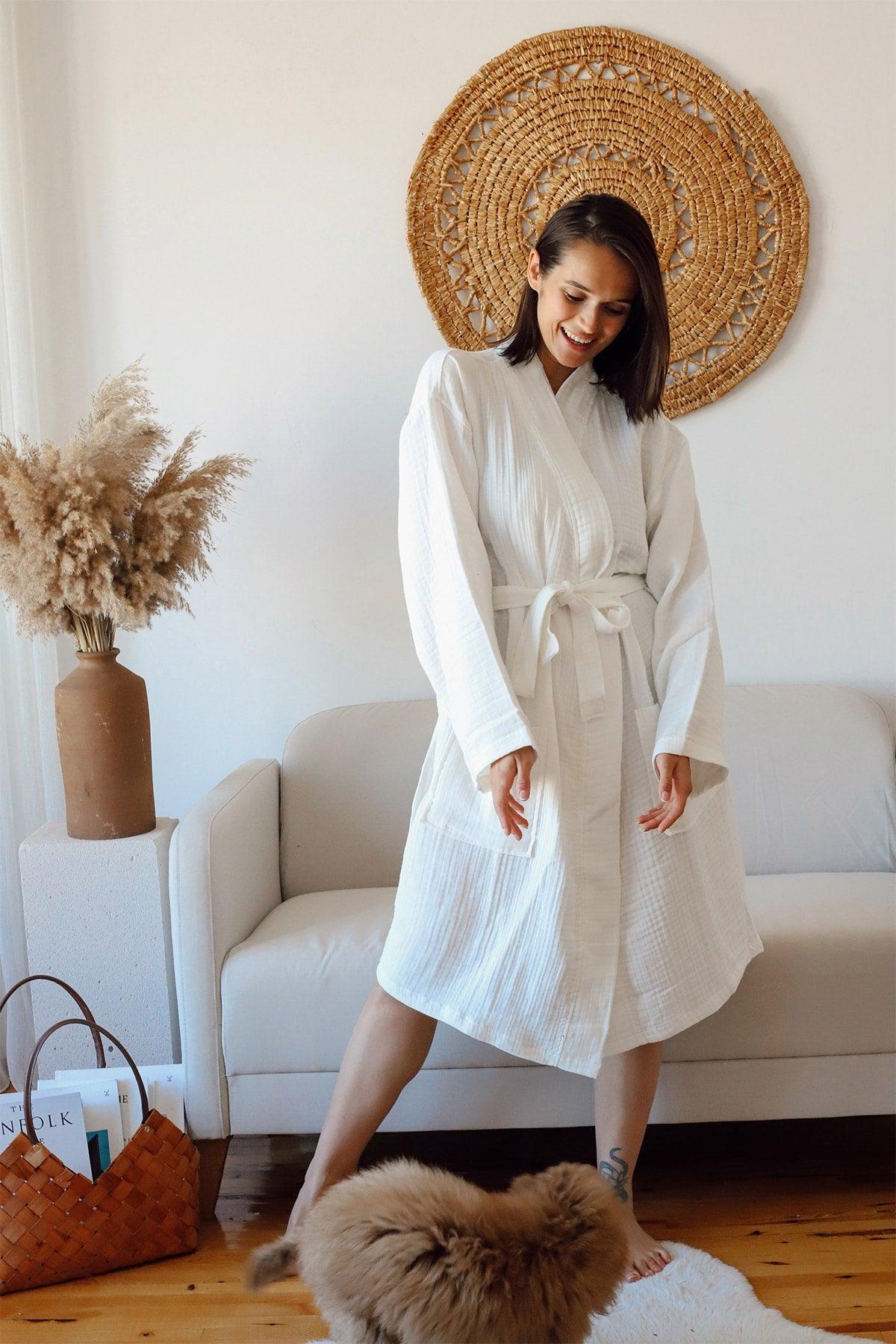 Adult Kimono Bathrobe, 100% Cotton 4 Ply Multi Muslin White - Swordslife