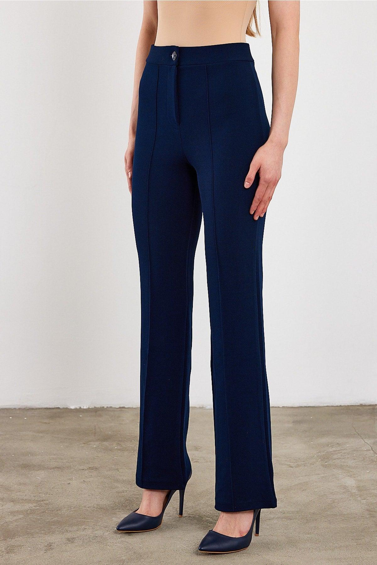 Women's Navy Blue High Waist Gatherer Flared Trousers Palazzo Trousers - Swordslife