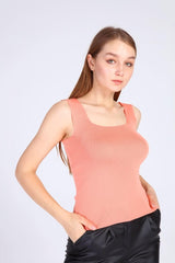 Women's Salmon Color Thick Strap Square Collar Summer Athlete Knitwear Blouse - Swordslife