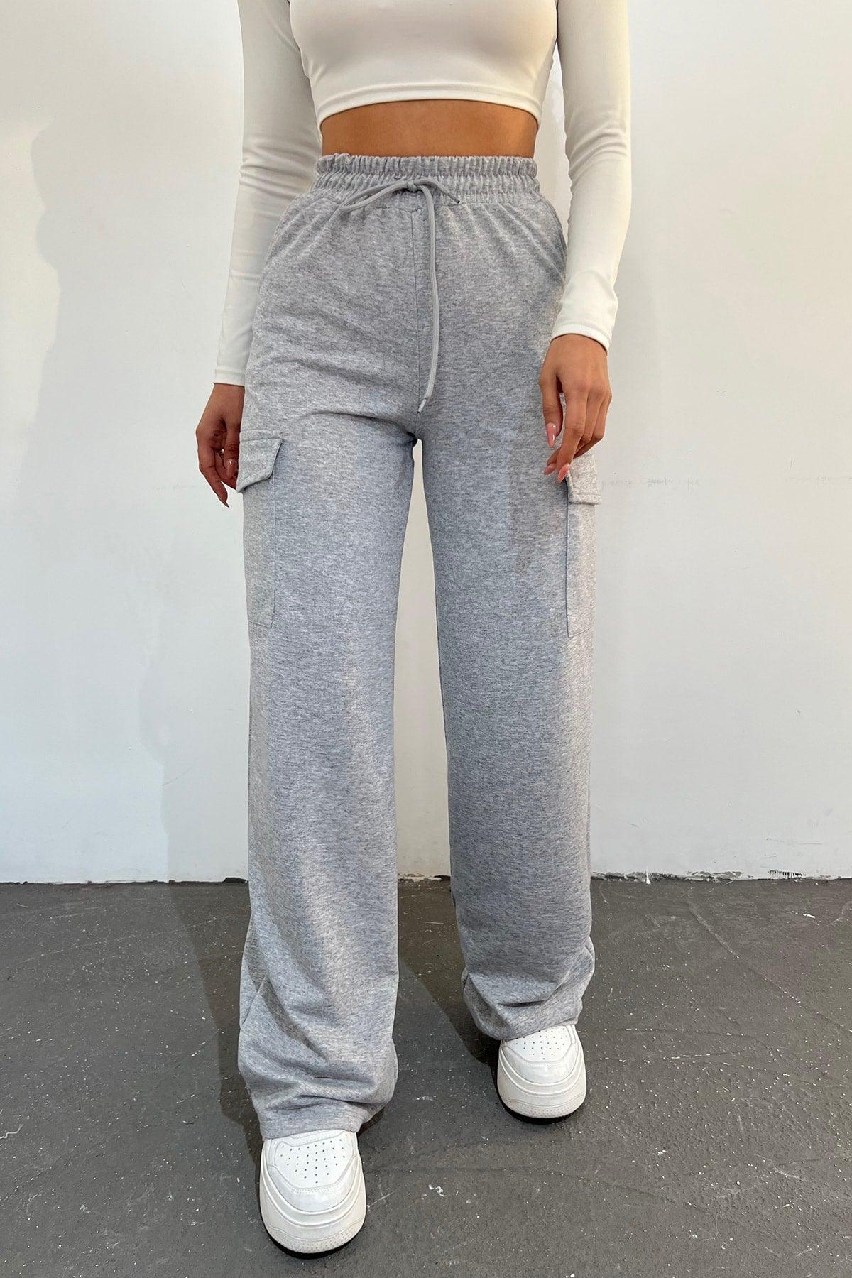 Women's Gray - Regular Fit Cargo Pocket Wide Leg Sweatpants - Swordslife