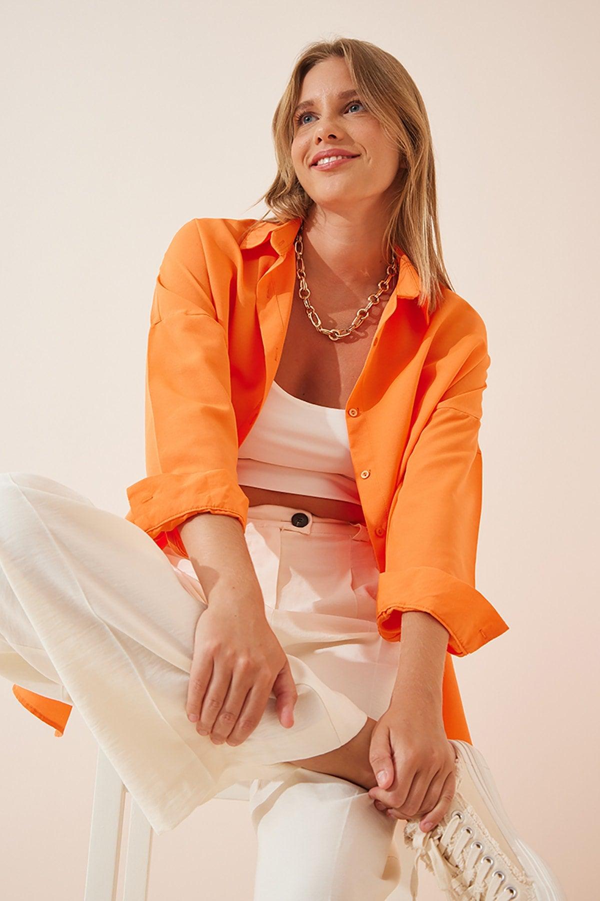 Women's Orange Oversize Long Basic Shirt DD00842 - Swordslife