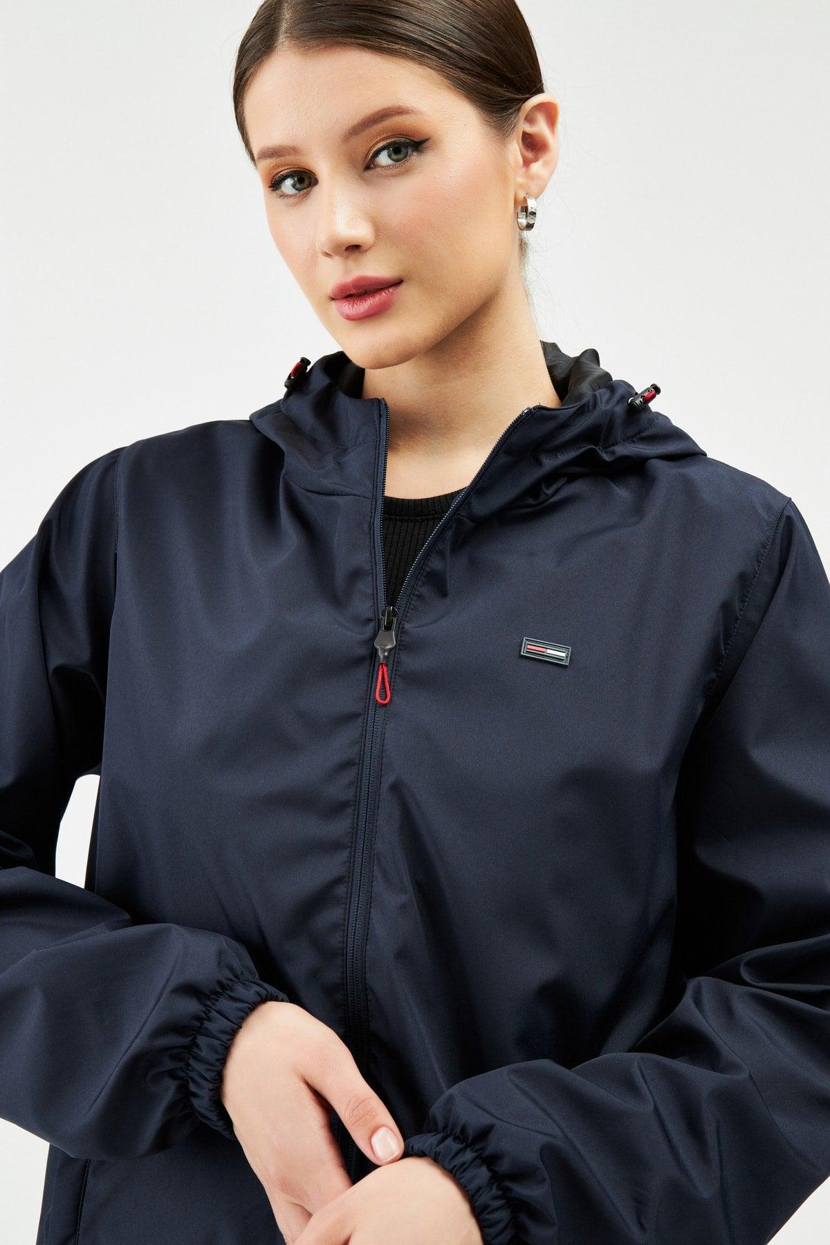 Women's Navy Blue Inner Lined Waterproof Hooded Raincoat with Pocket - Windbreaker Jacket - Swordslife