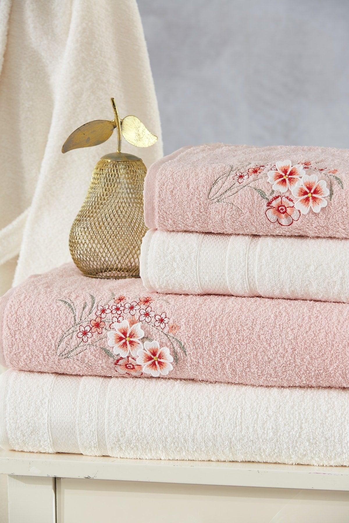 Family Embroidered Pink & Cream Family Bathrobe Set 6 Pieces Dowry Women Men Bathrobe Bath Towel Set - Swordslife