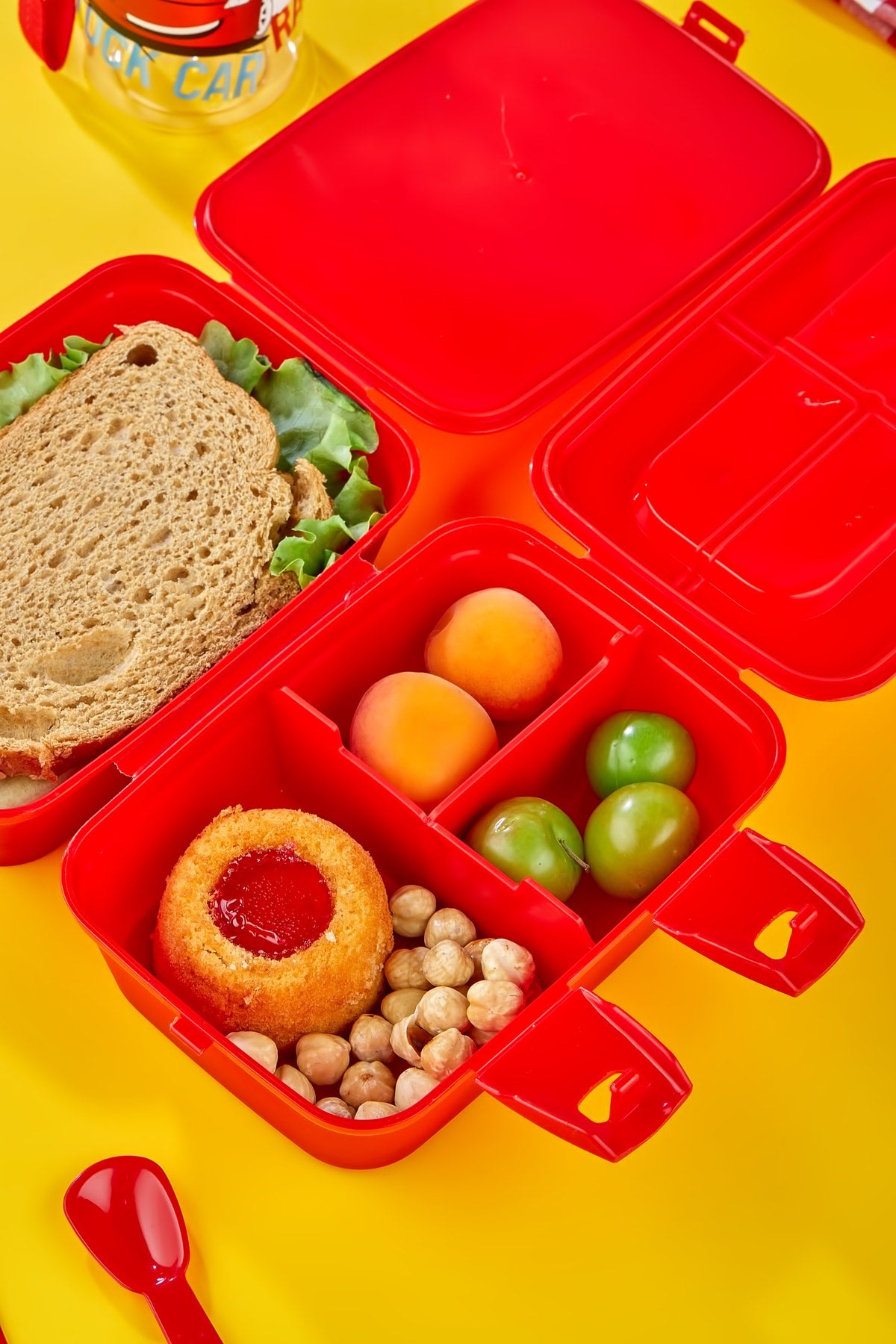 2-Layer Lunch Box with 4 Compartments and Self-Spoon and 500 Cc Water Bottle with Straw Cart