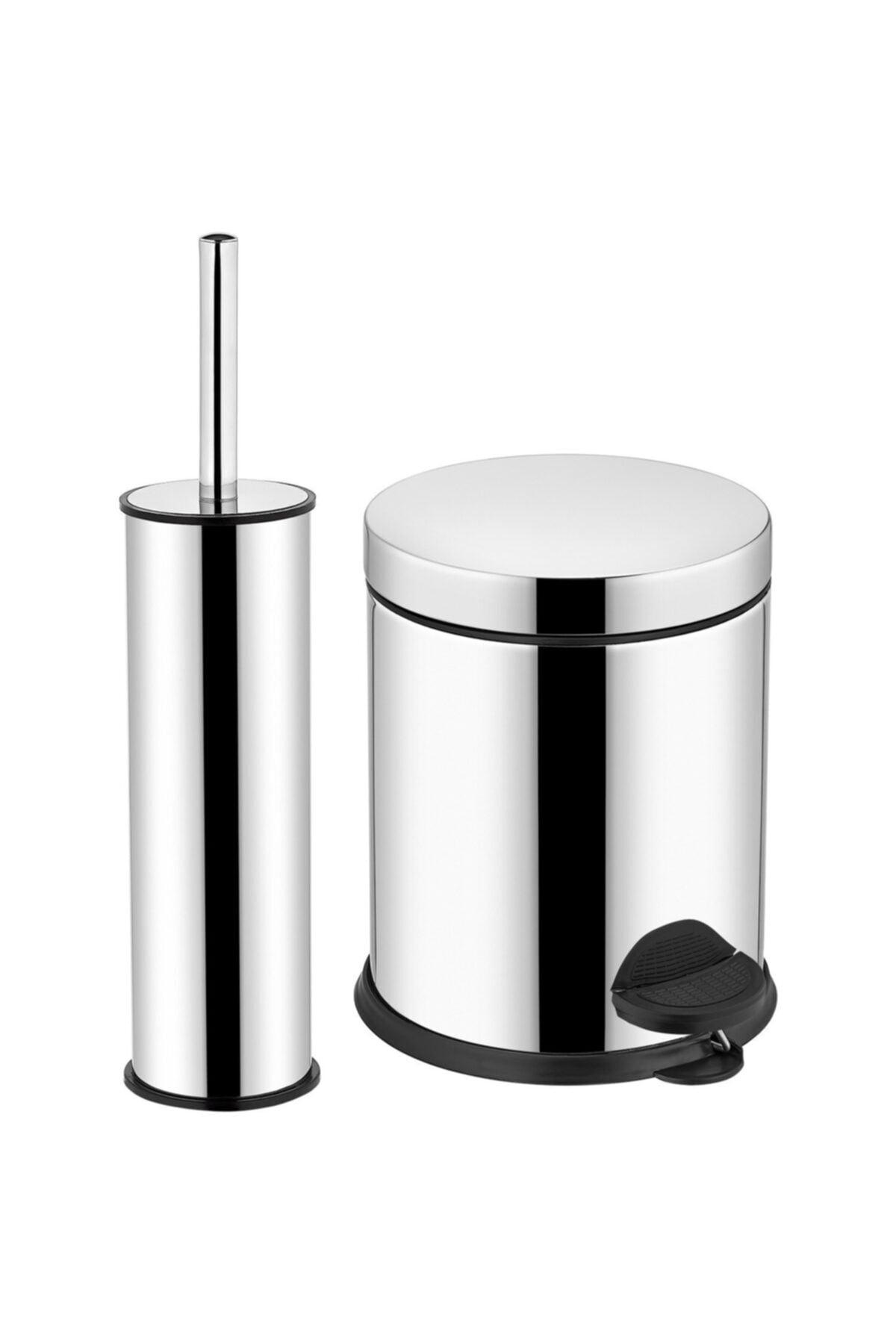 3lt Chrome 2 Pcs Bathroom Set Pedal Dustbin Wc Closet Toilet Brush Set Bathroom Trash Can - Swordslife