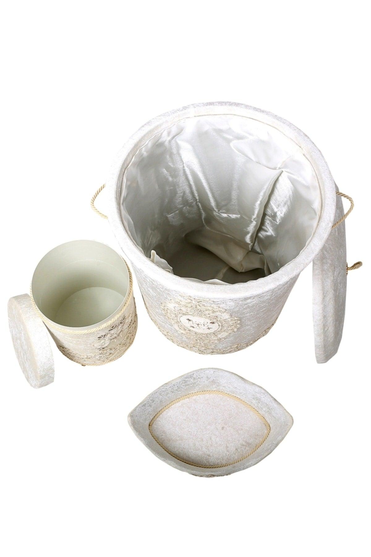 Lisa Cream 3 Pcs Velvet Dowry Lacy Bathroom Dirty Laundry Basket Set | Bathroom Set - Swordslife