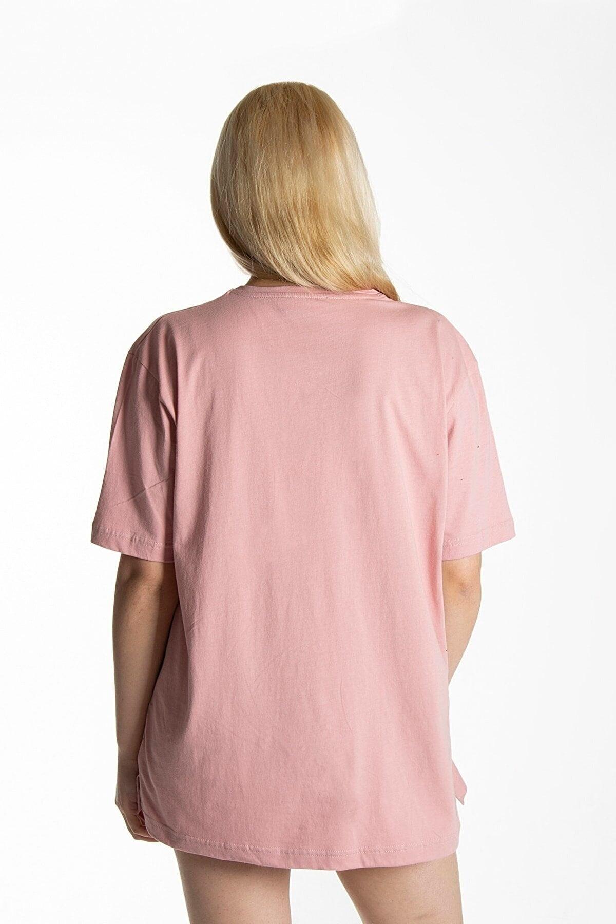 Women's Pink Front Earth Printed Crew Neck Oversize Cotton T-shirt - Swordslife