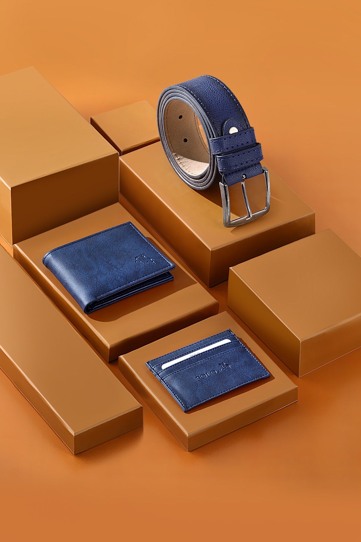 Navy Blue Set in Belt Wallet Card Holder Gift Box