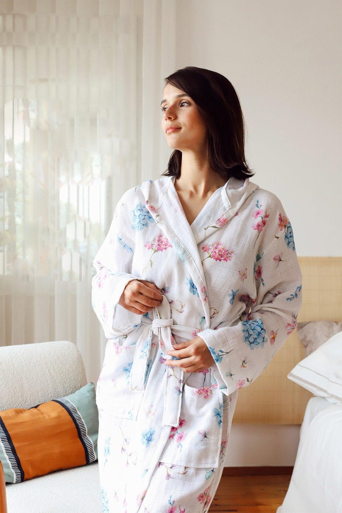 Adult Patterned Muslin Bathrobe, Special Design 100% Cotton 2 Layers Double Sided Hooded - Swordslife