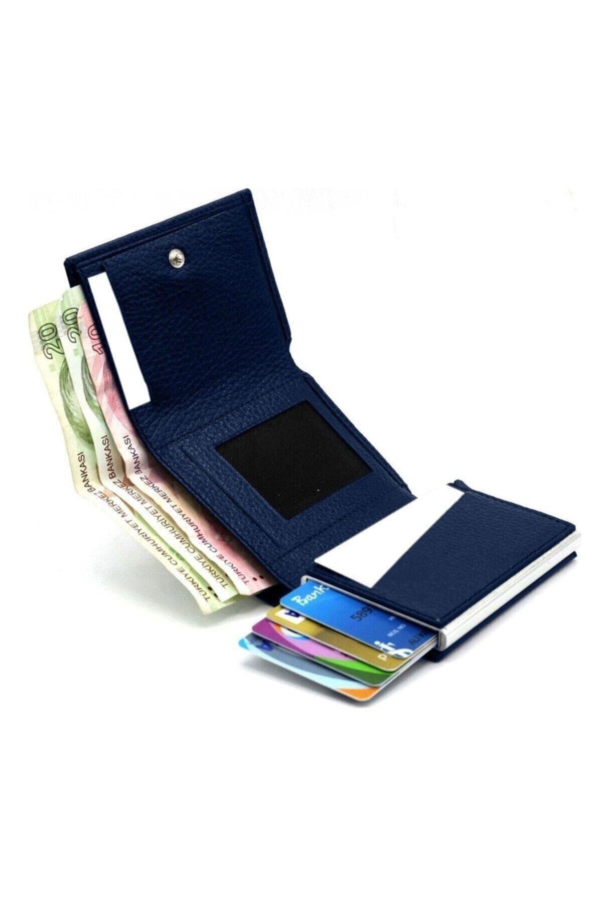 Men's Dark Blue Mechanism Brown Card Holder Wallet Portfolio