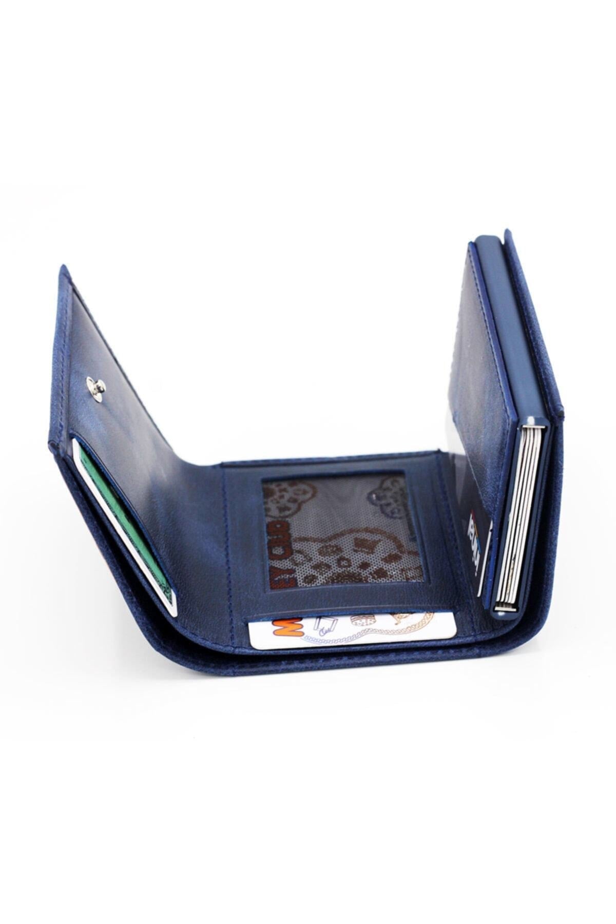 Men's Navy Blue Leather Mechanism Wallet Card Holder