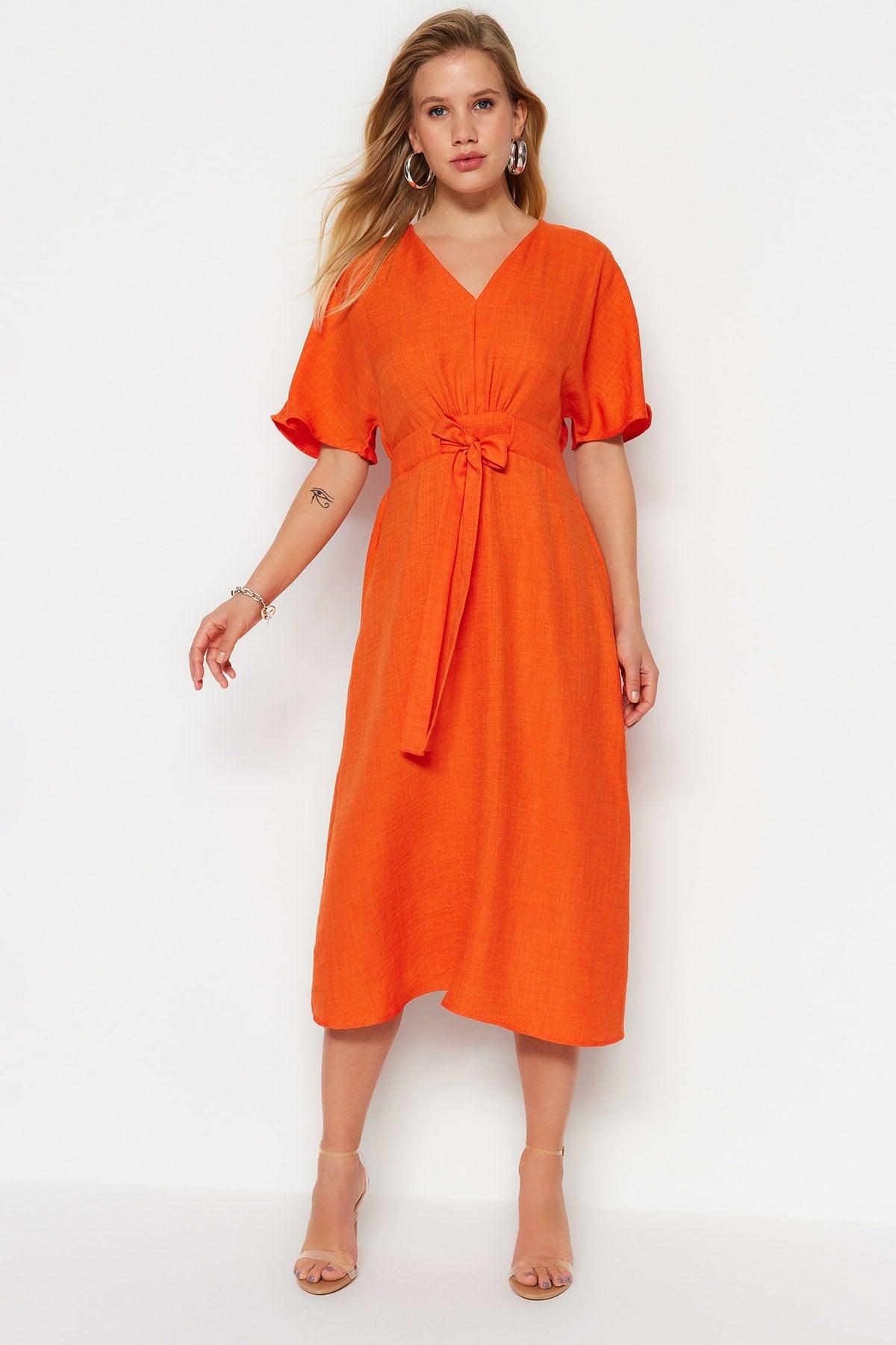 Orange Tie Detailed Midi Woven Dress TWOSS23EL01543 - Swordslife