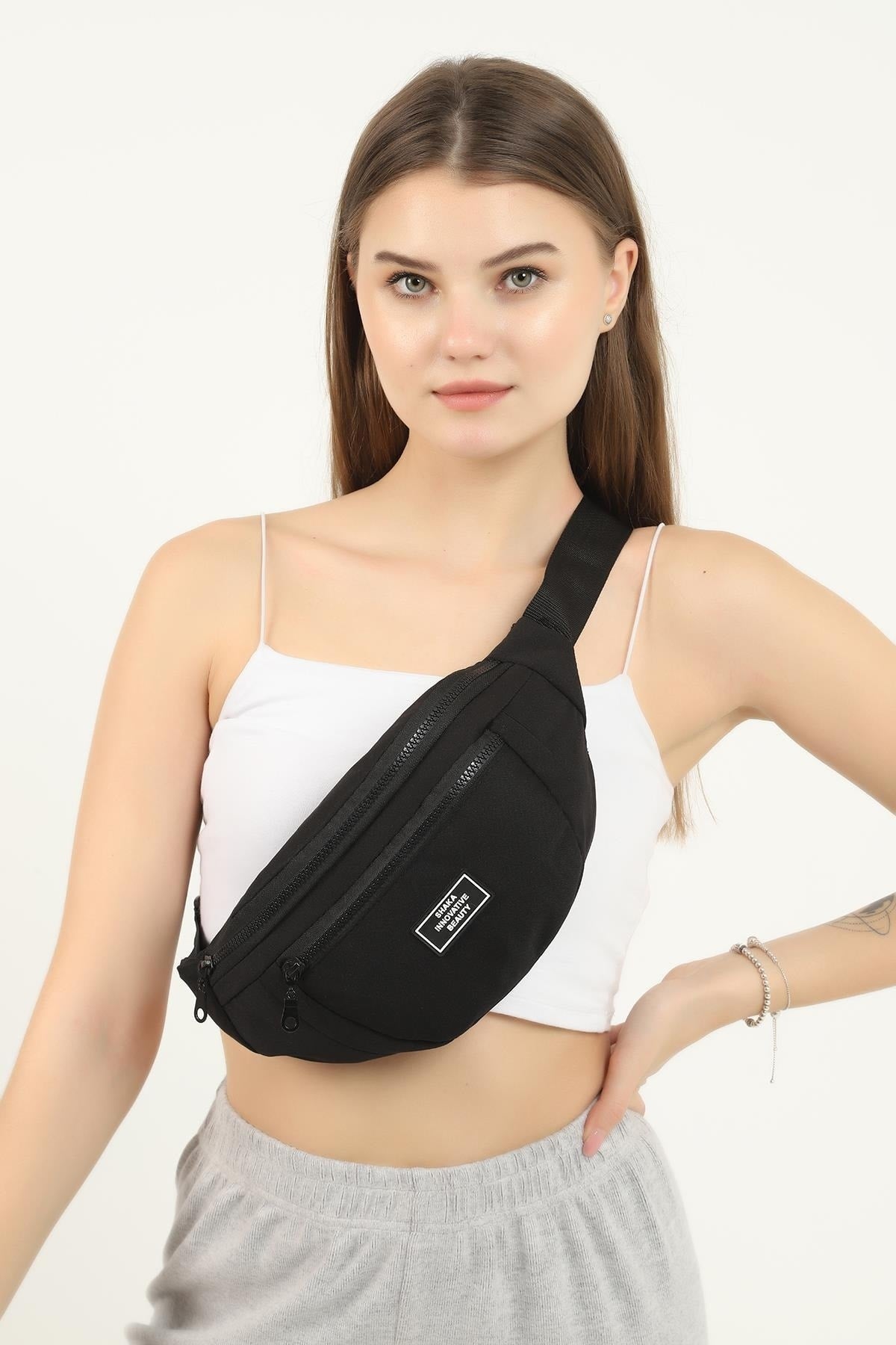 U8 Black 2 Compartment Unisex Waist Bag Width:38 Length:17 Width:7