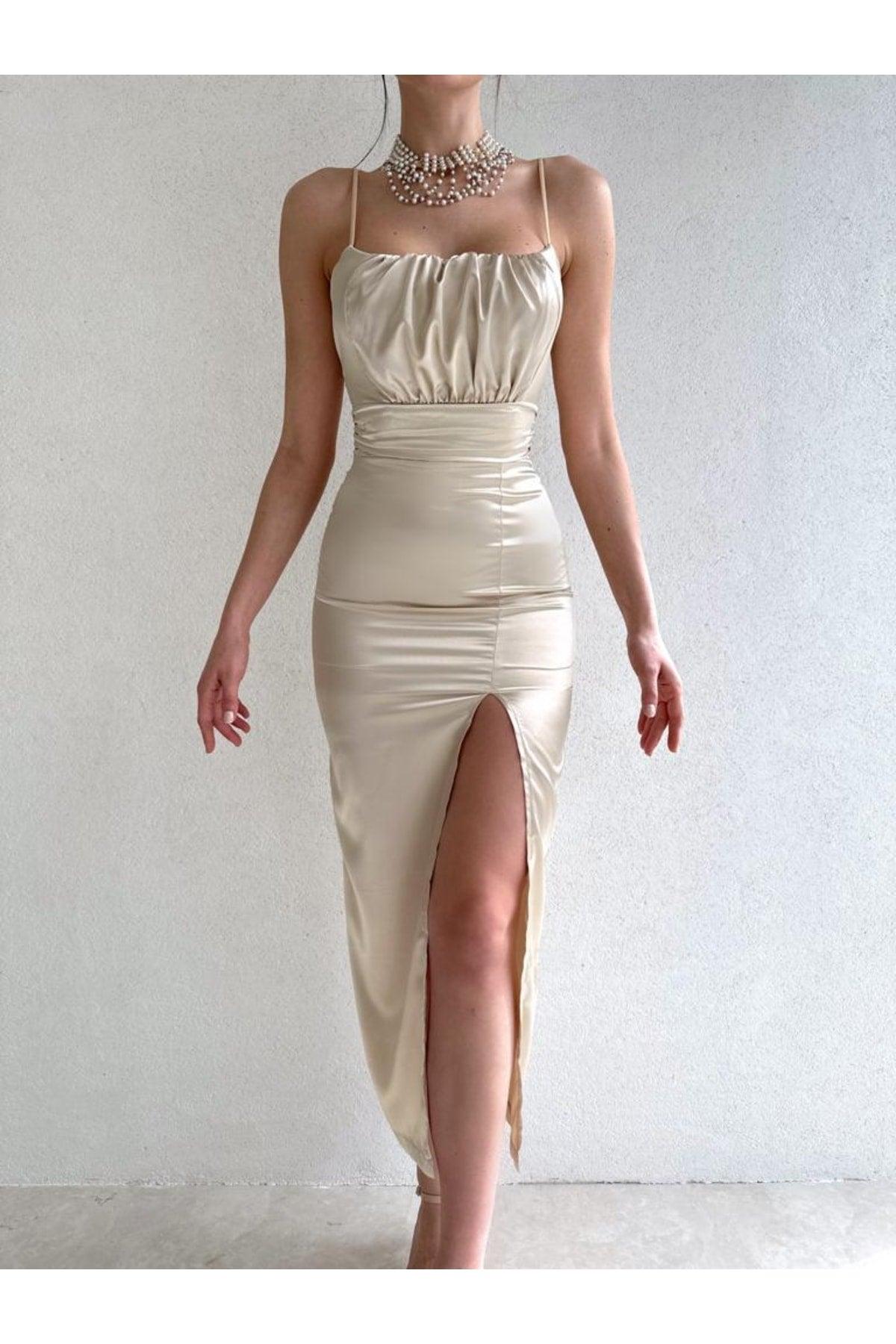 Thin Strapped Bust Draped Cream Satin Dress - Swordslife