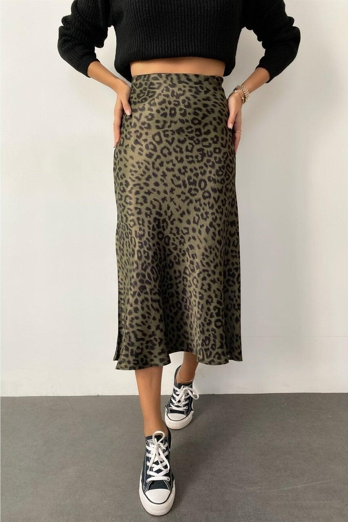 Summer Leopard Pattern Viscose Satin Midi Skirt - Khaki Green - Swordslife