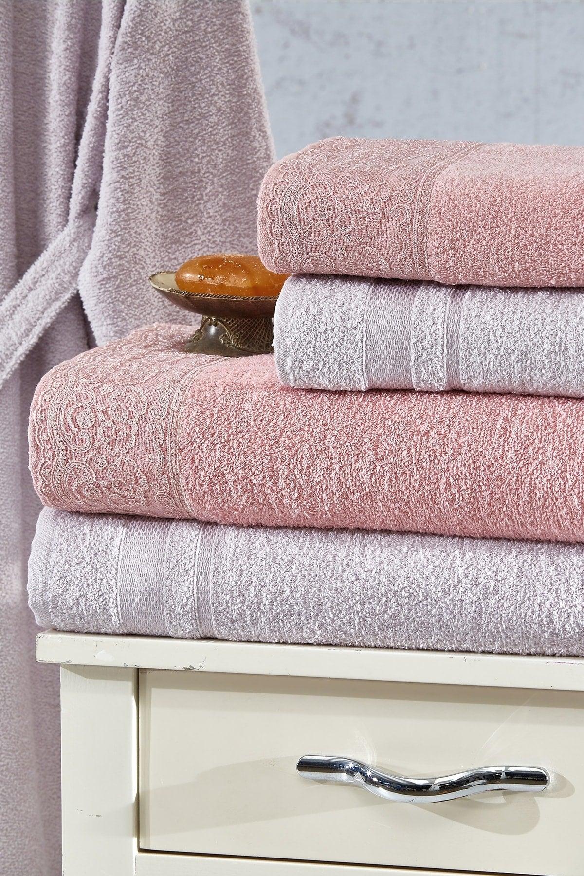 Family Lacy Powder & Lilac Family Bathrobe Set 6 Pieces Dowry Women Men Bathrobes Bath Towel Set - Swordslife