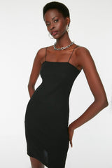 Black Square Neck Spaghetti Strap Ribbed Flexible Fitted Mini Knitted Dress TWOSS21EL2327 - Swordslife