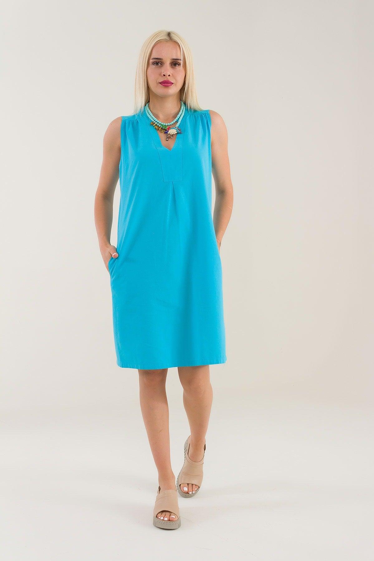 Women's Turquoise Linen Look Cotton Dress with Pockets - Swordslife