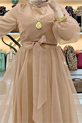 Women's Brown (CAMEL) Belted Tulle Evening Dress T 4693 - Swordslife