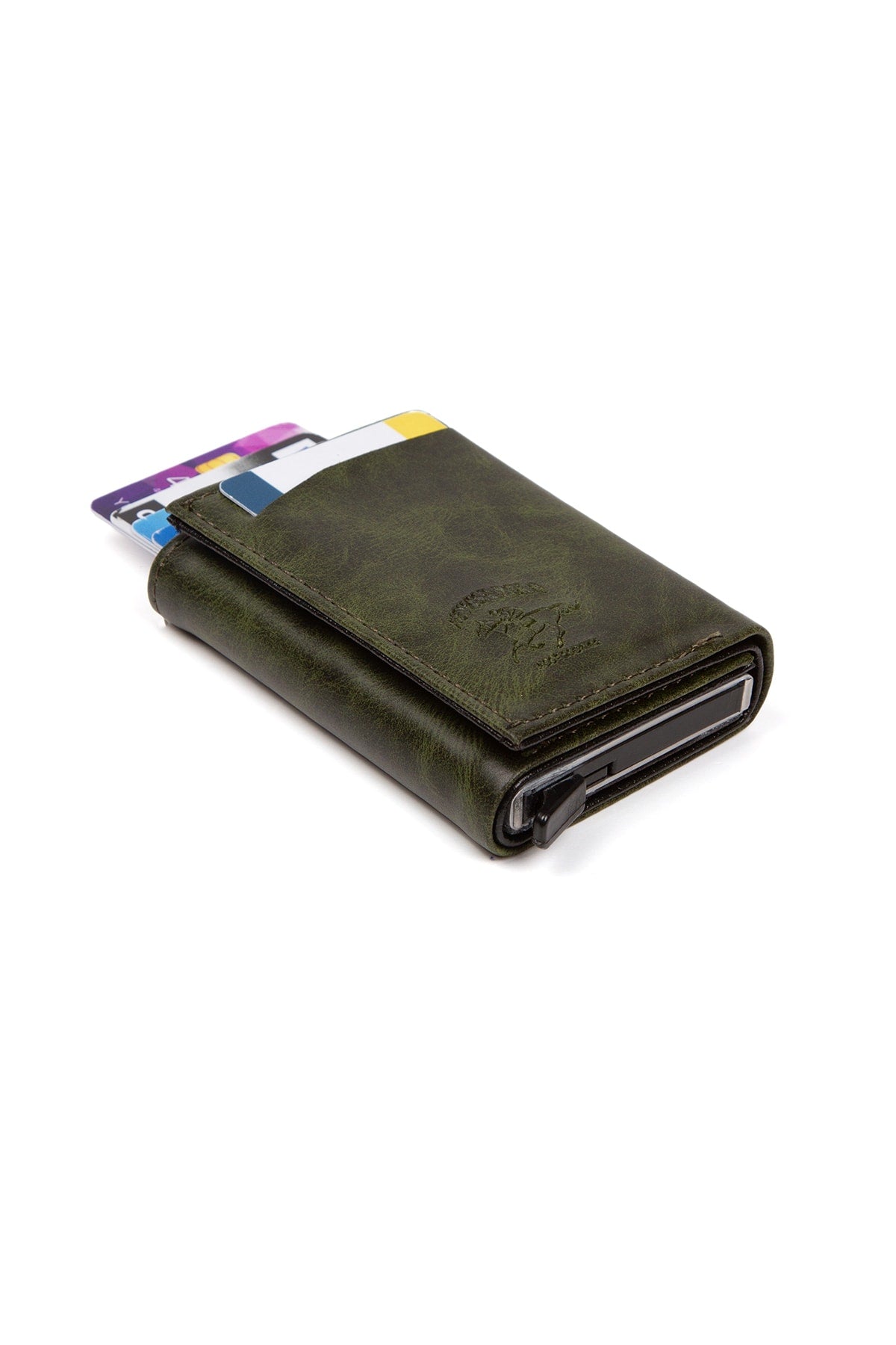 Men's Leather Aluminum Mechanism Sliding Card Holder Wallet with Paper Money Compartment (7,5x10cm)