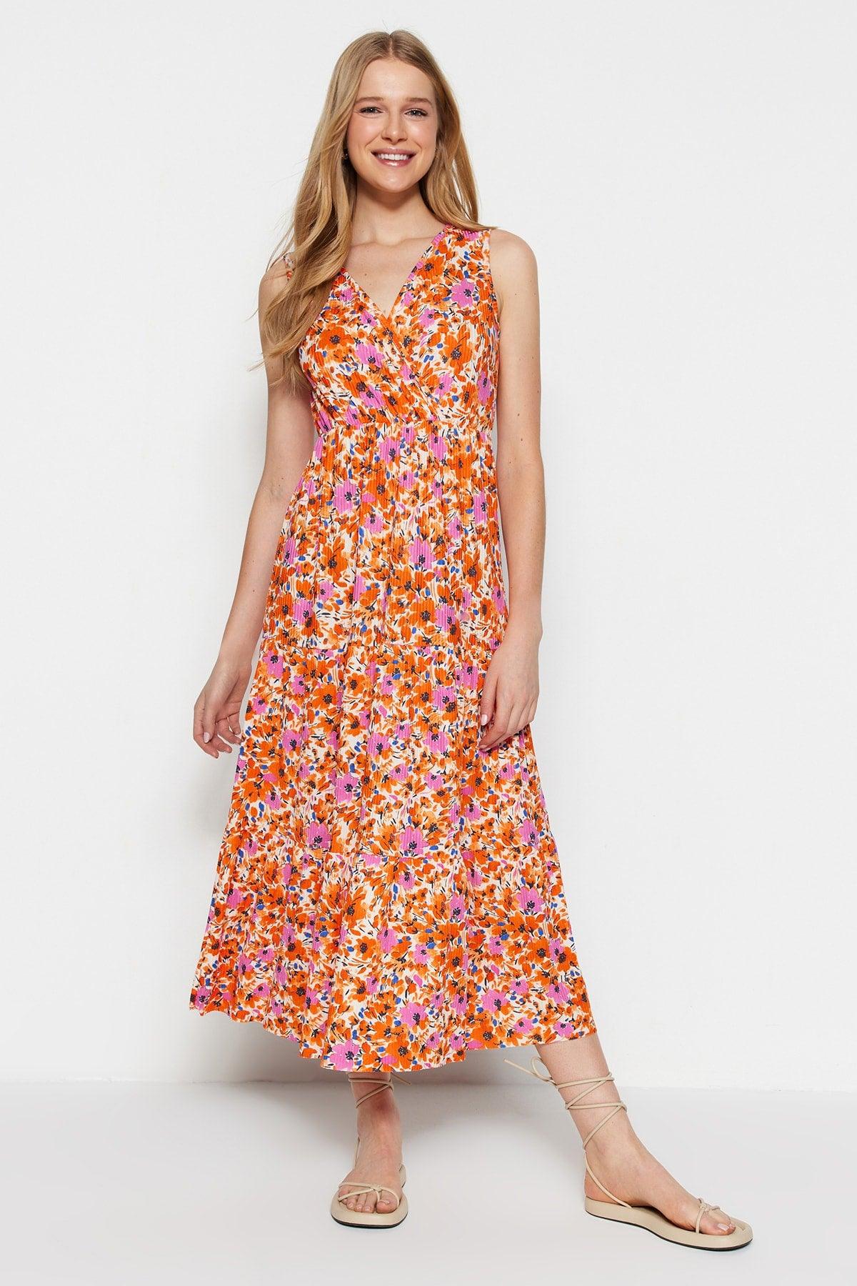 Orange Floral Pattern V Neck Sleeveless A-Line Maxi Knitted Dress TWOSS22EL1588 - Swordslife