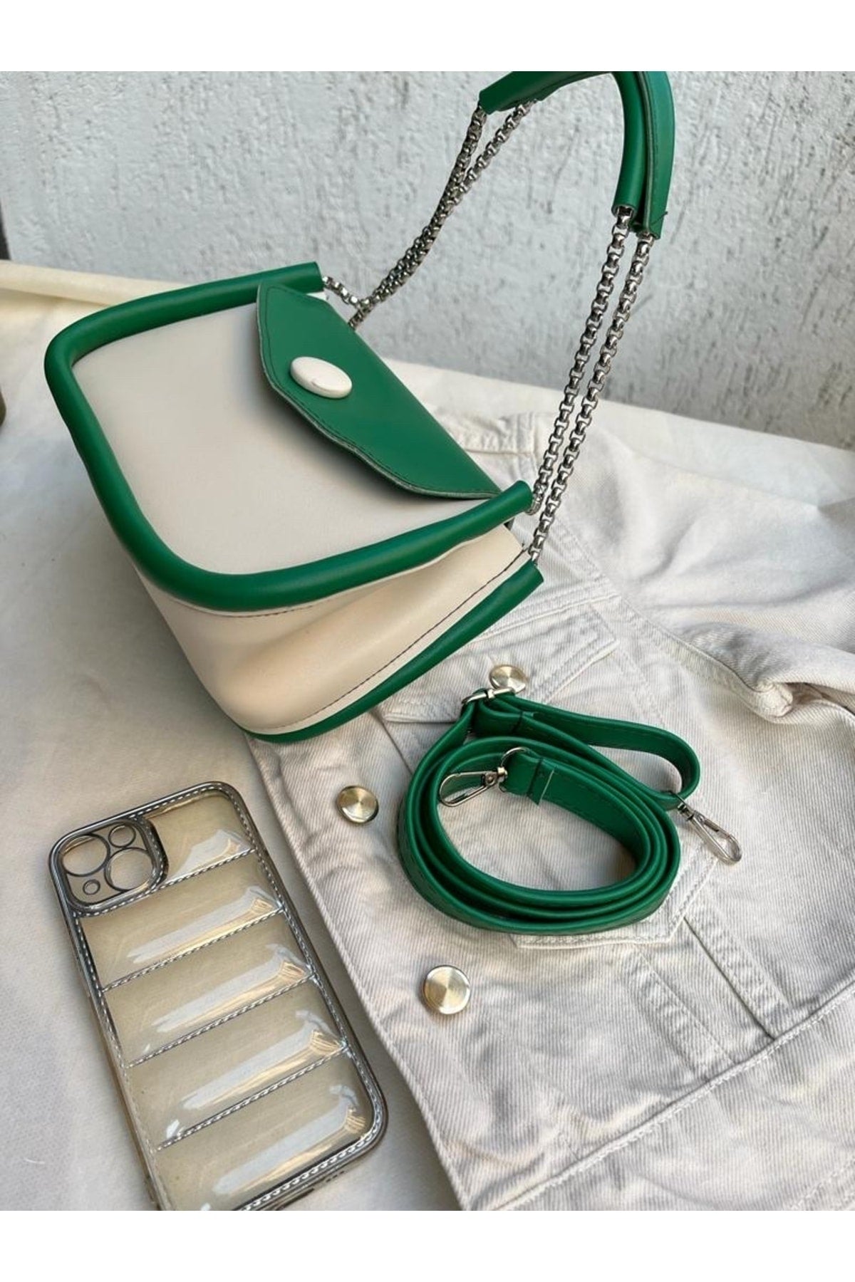 Women's Green Cream Chain Baguette Bag