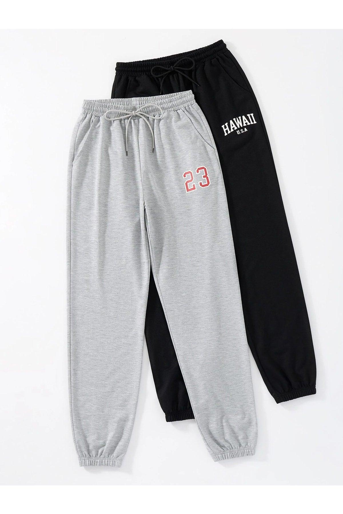 2-Pack Printed Jogger Sweatpants - Black And Grey, Elastic Leg, High Waist, Summer - Swordslife