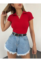 Fitted/Fitted Red Polo Neck Short Sleeve Camisole Crop Blouse - Swordslife