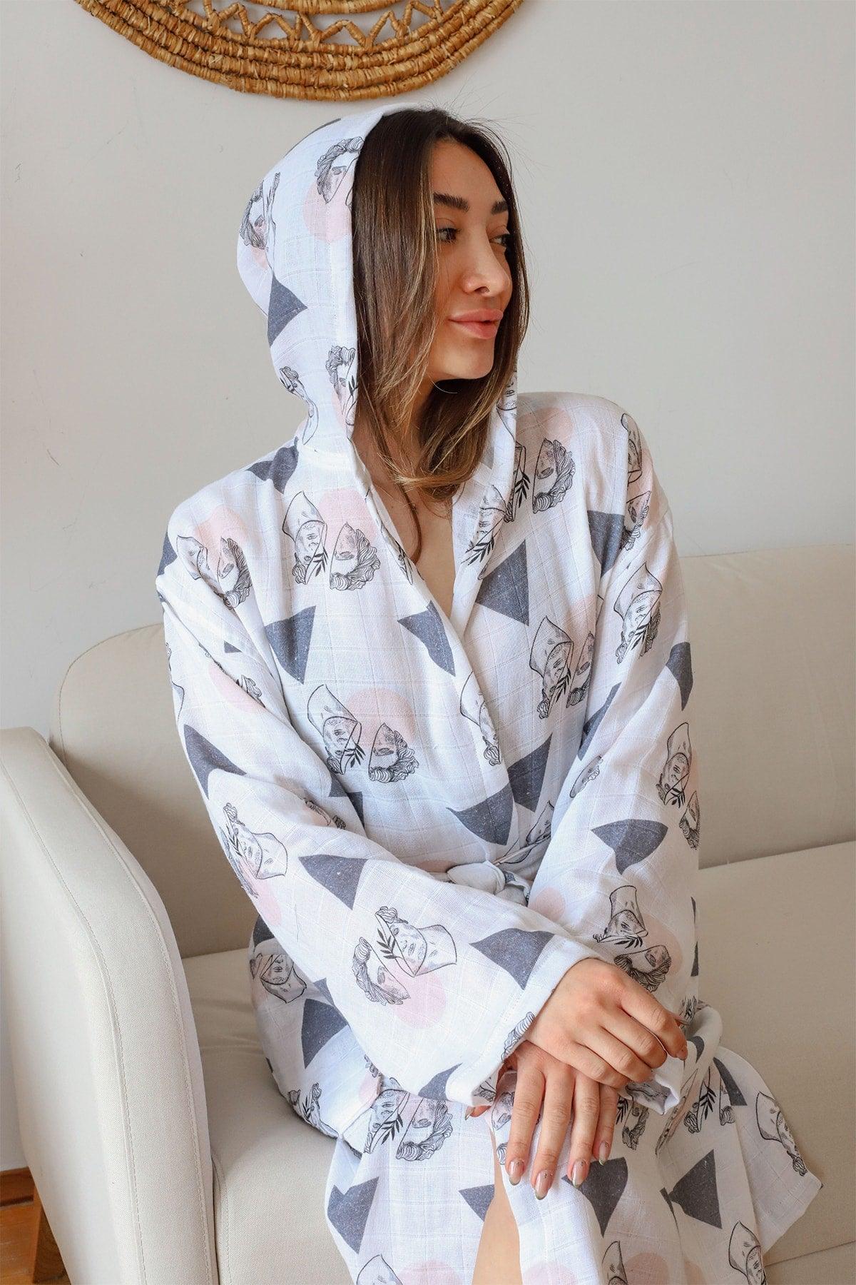 Adult Patterned Muslin Bathrobe, Special Design 100% Cotton 2 Layers Double Sided Hooded - Swordslife