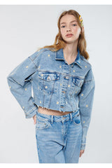 Brenda Daisy Embroidered Jean Jacket Jean Jacket Crop / Short Cut 1110118-83448 - Swordslife