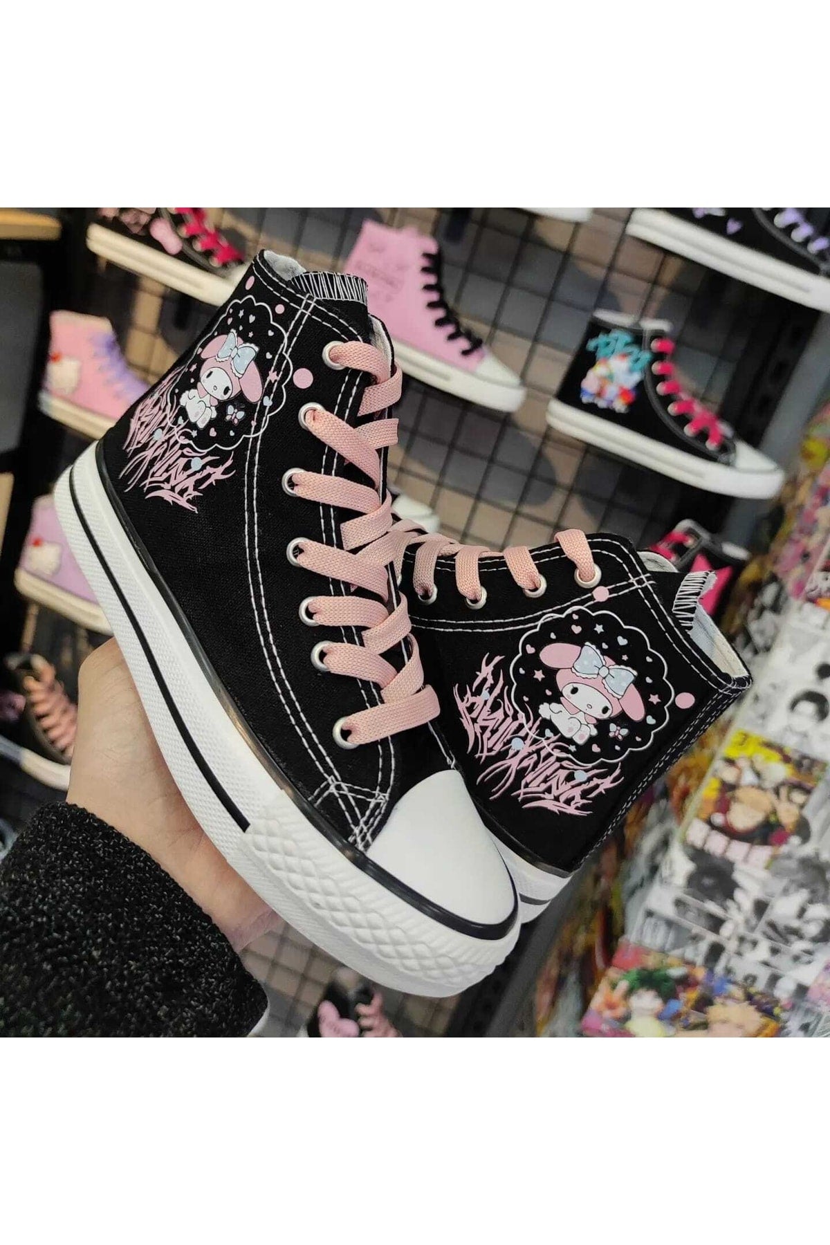 My Melody Fringed Pink Printed Black Ankle Sneakers Snekaer