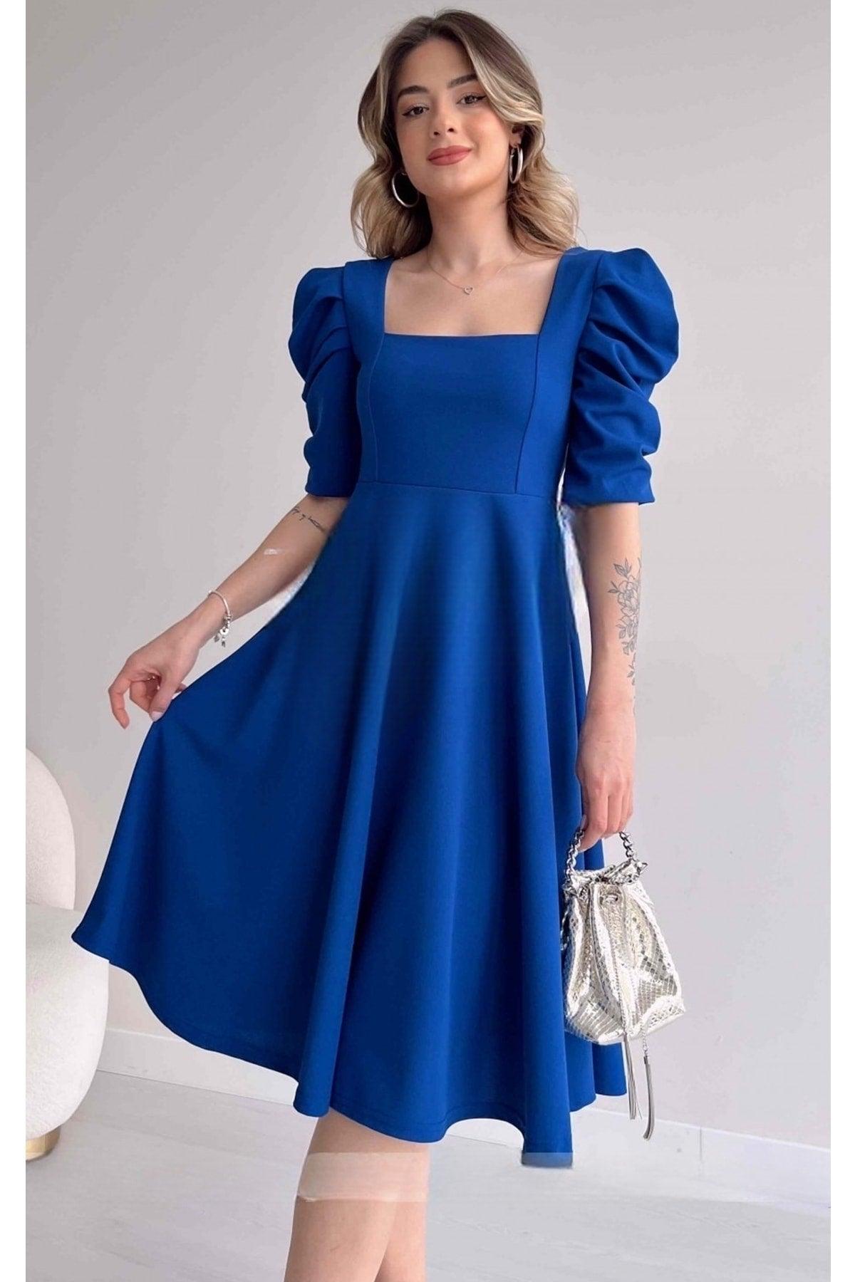 Women's Crepe Fabric Short Sleeve Square Collar Midi Length Flared Cut Sax Blue Dress 080 - Swordslife