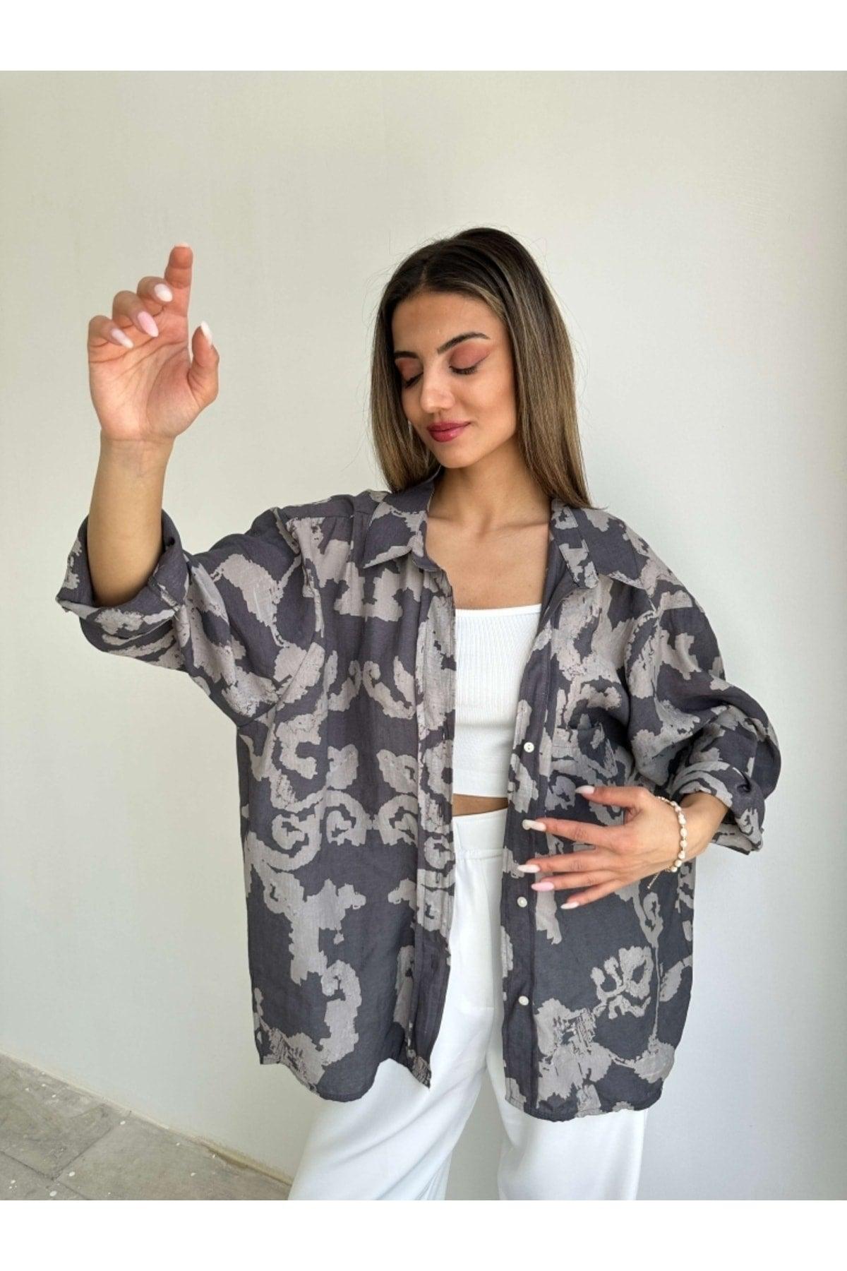 Smoked Patterned Off Shoulder Oversize Shirt - Swordslife