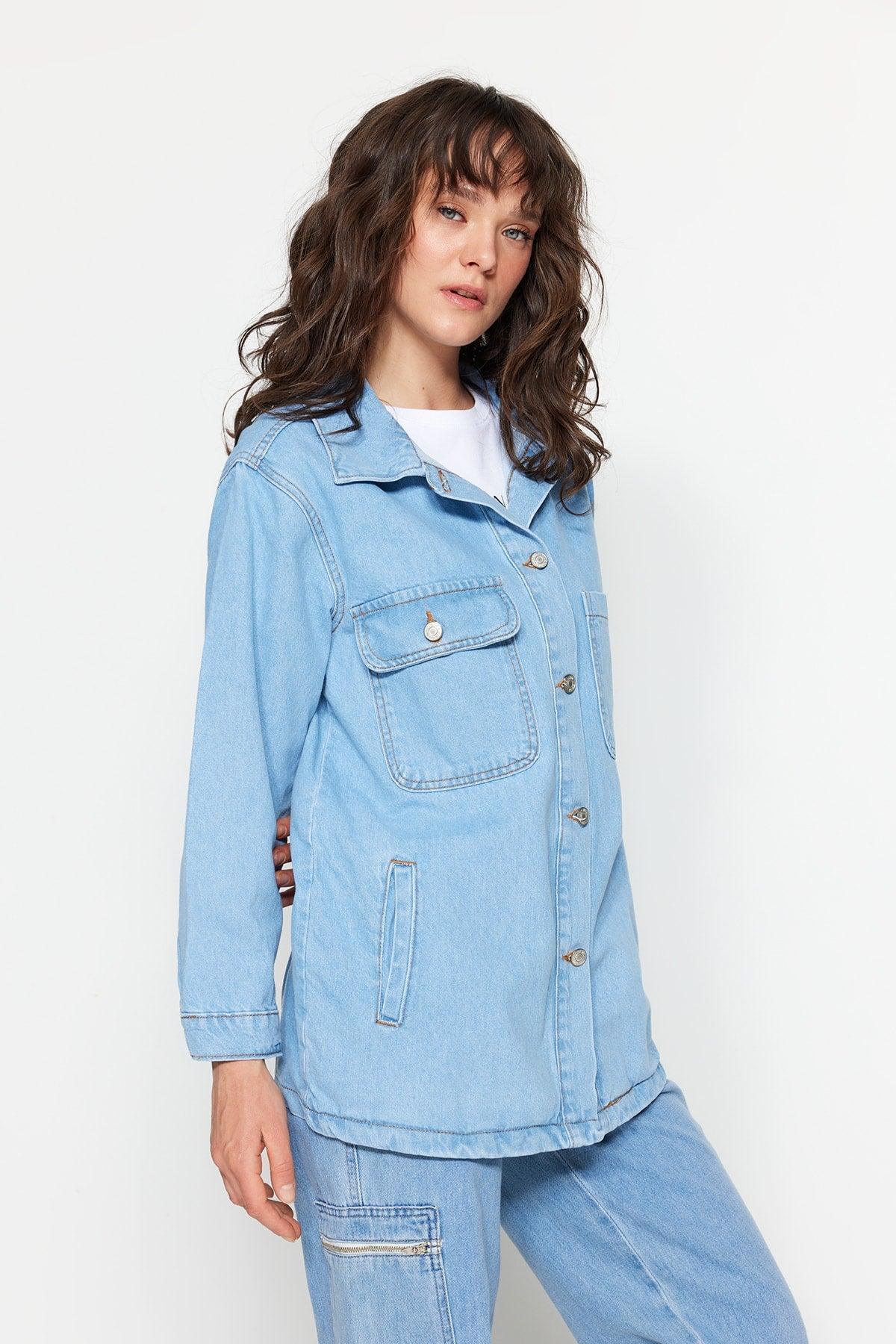 Ice Blue Oversize Denim Lycra Free Denim Jacket TCTSS23CK00001 - Swordslife