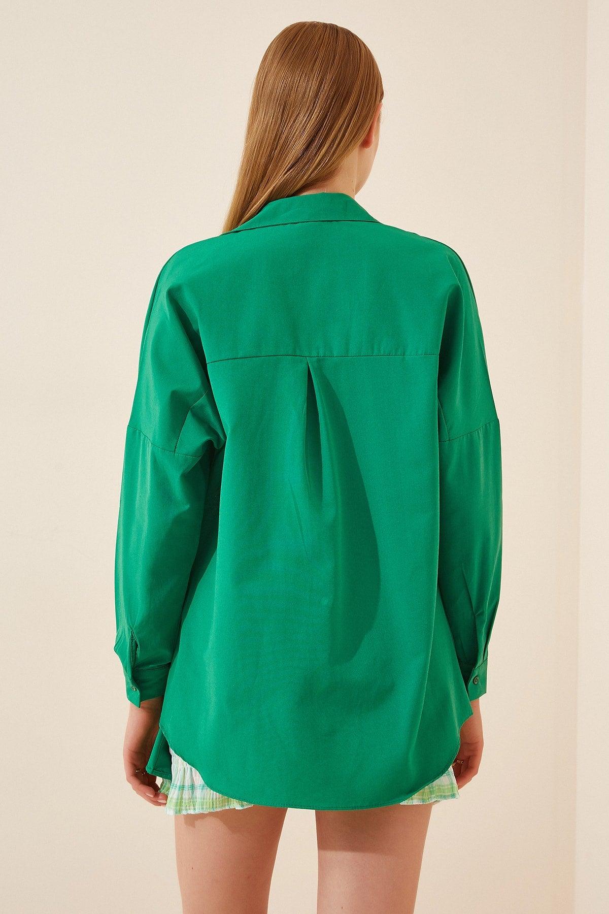 Women's Dark Green Oversize Long Basic Shirt DD00842 - Swordslife